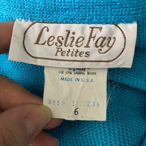 Vintage 70s Leslie Fay Button Down Dress 6 Blue Knit V Neck Belted Union Made - Picture 6 of 7